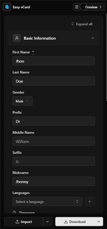 The contact form on a phone, with import and download actions pinned to the bottom