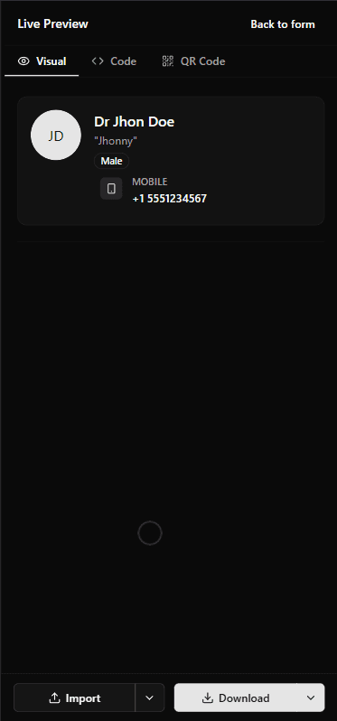 The live preview panel on a phone, showing the visual card, code and QR tabs